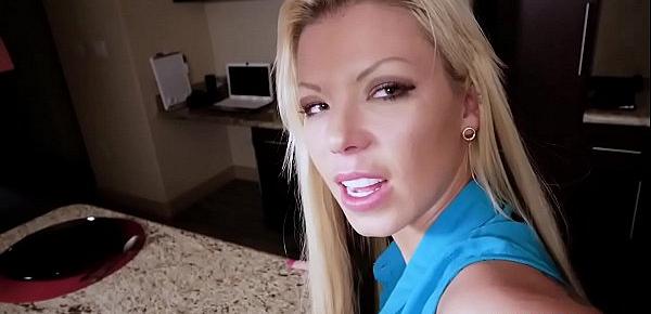  Naughty blonde stepmom jumped on a bad guys big cock